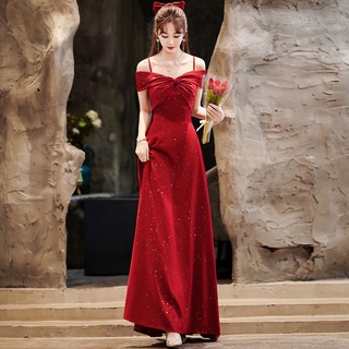 Ready Stock Sling Toast Dress Bride Wine Red Wedding Engagement