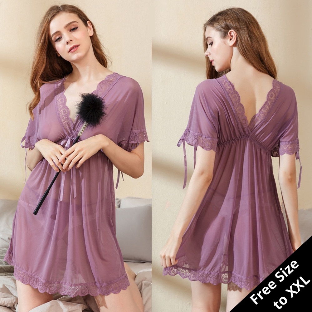 Ready Stock Purple Deep V Babydoll Dress Sleepwear Sexy Lingerie