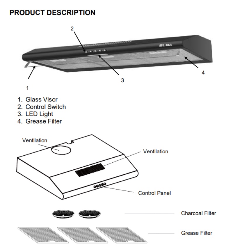 Elba Cooker Hood Twin Motor with LED Lamp Charcoal Filter Slim Hood