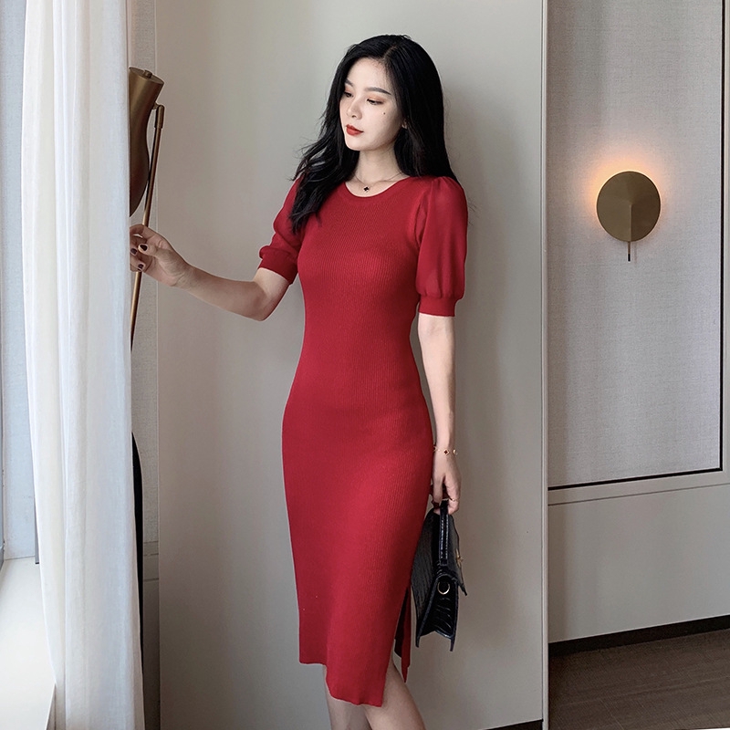 Cotton summer new solid color knitted split mid length dress slim and ...