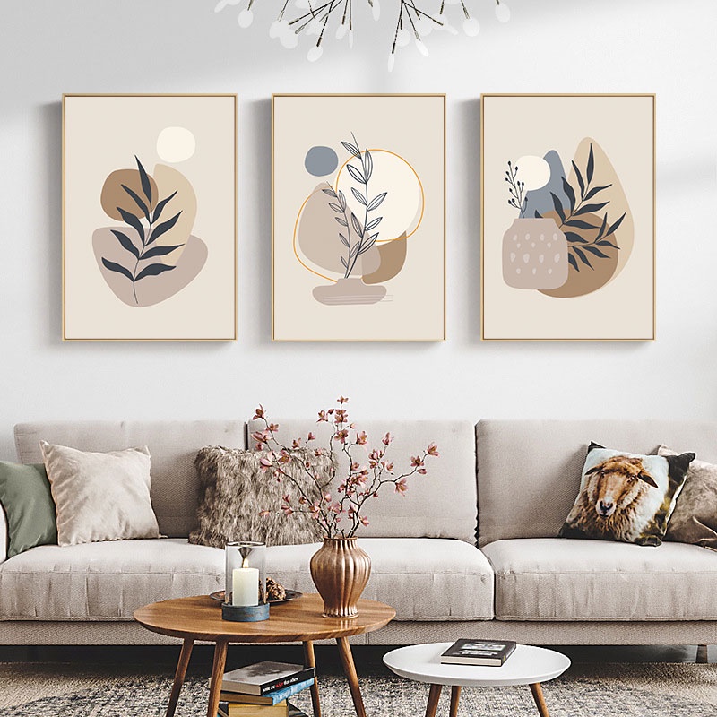 Geometric Leaves Moon Beige Boho Canvas Painting Print Abstract Wall ...