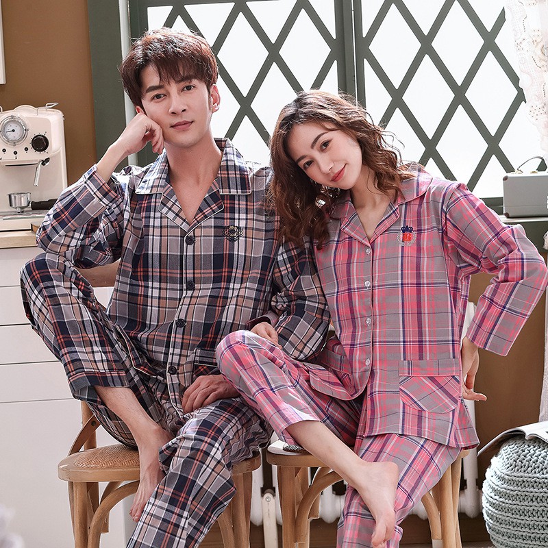 Autumn Winter Cotton Matching Couple Pajamas Men Sleepwear Women Homew