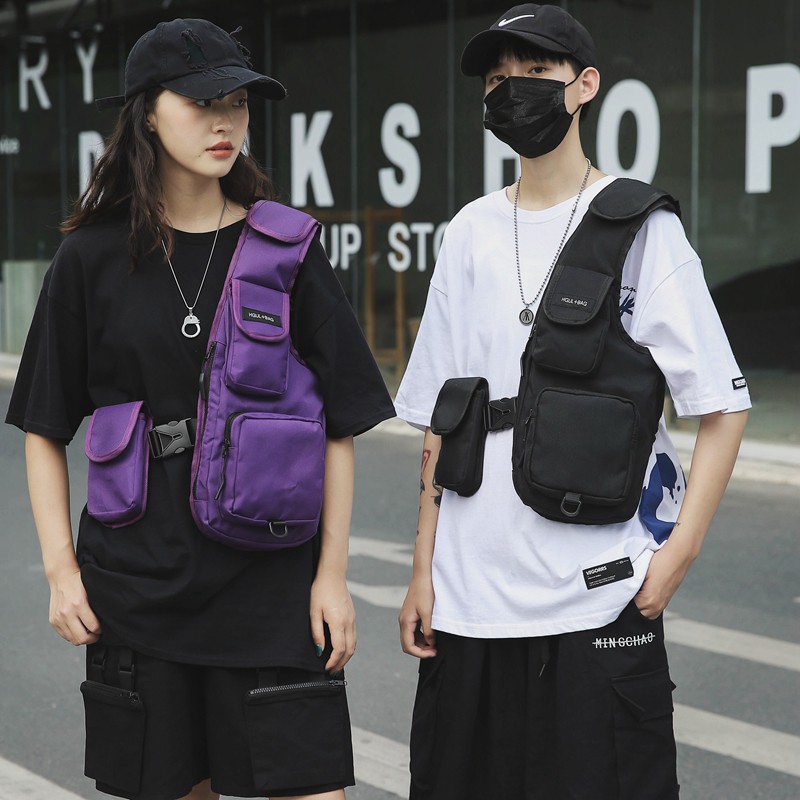 Ulzzang Nylon Chest Rig Bag Black Vest Bag Black Hip Hop Streetwear ...
