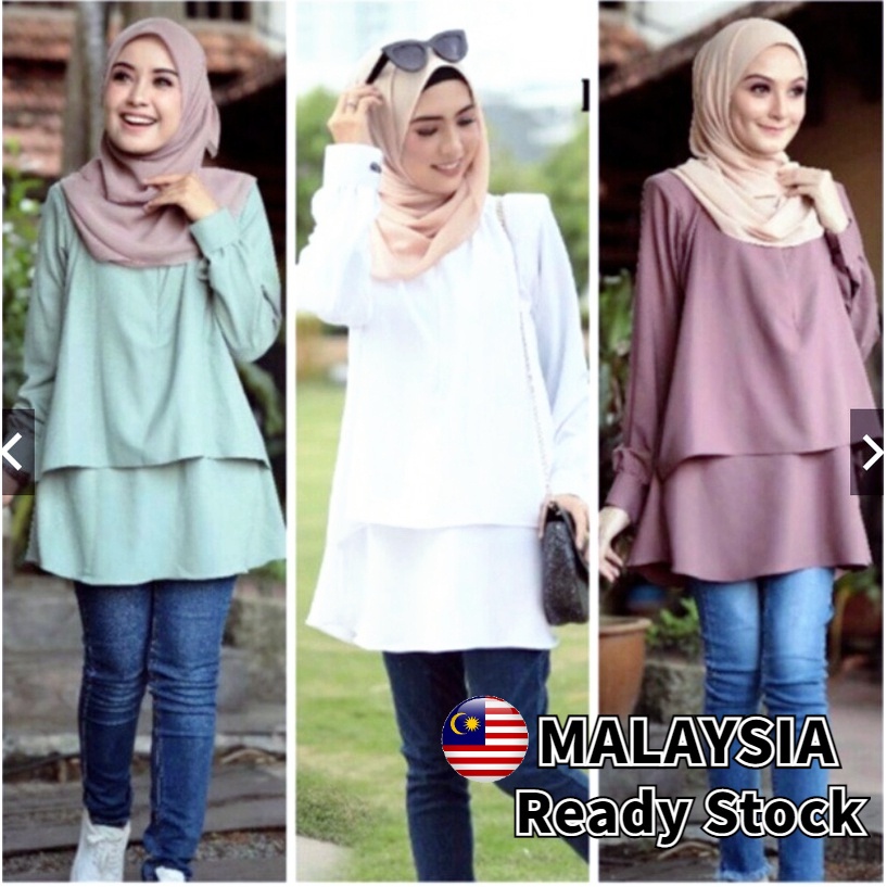 Blouse Muslimah top blouse labuh lengan panjang baju blouse perempuan