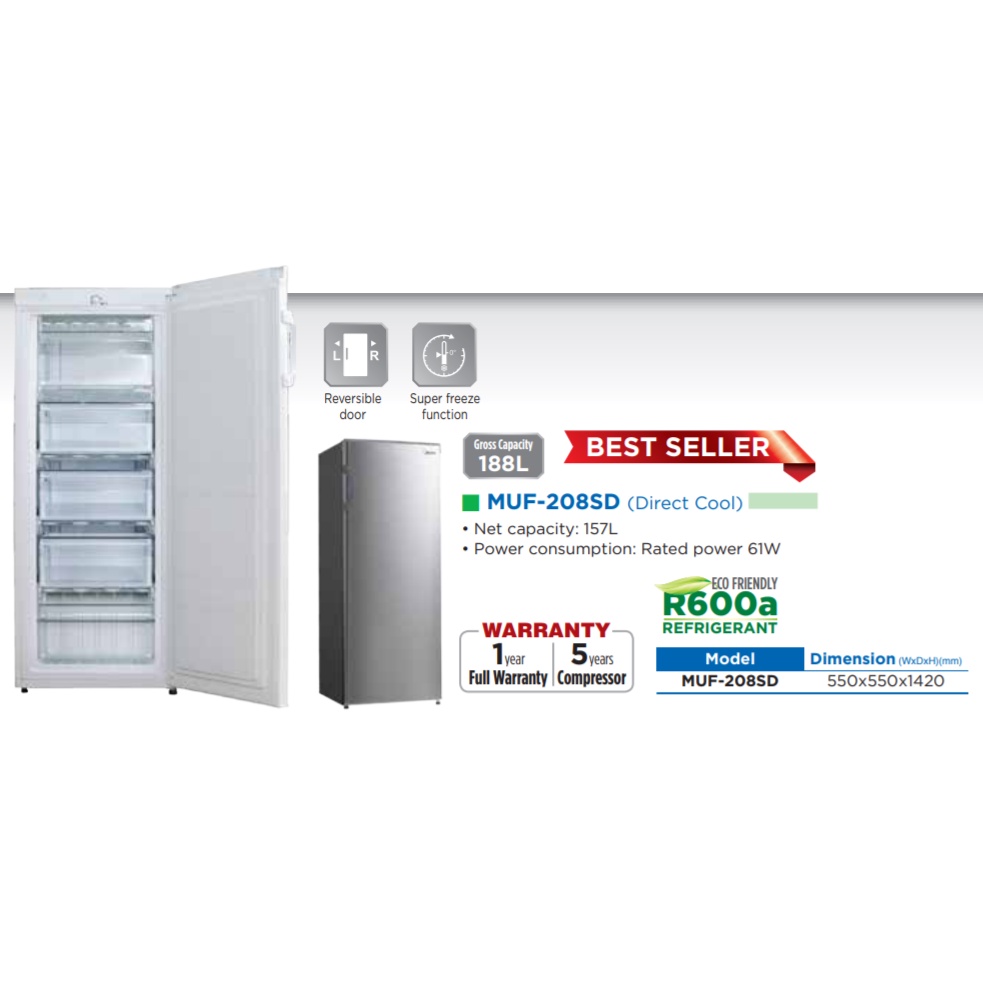 Midea MUF-208SD Gross 188L Upright Freezer / Refrigerator / Fridge ...