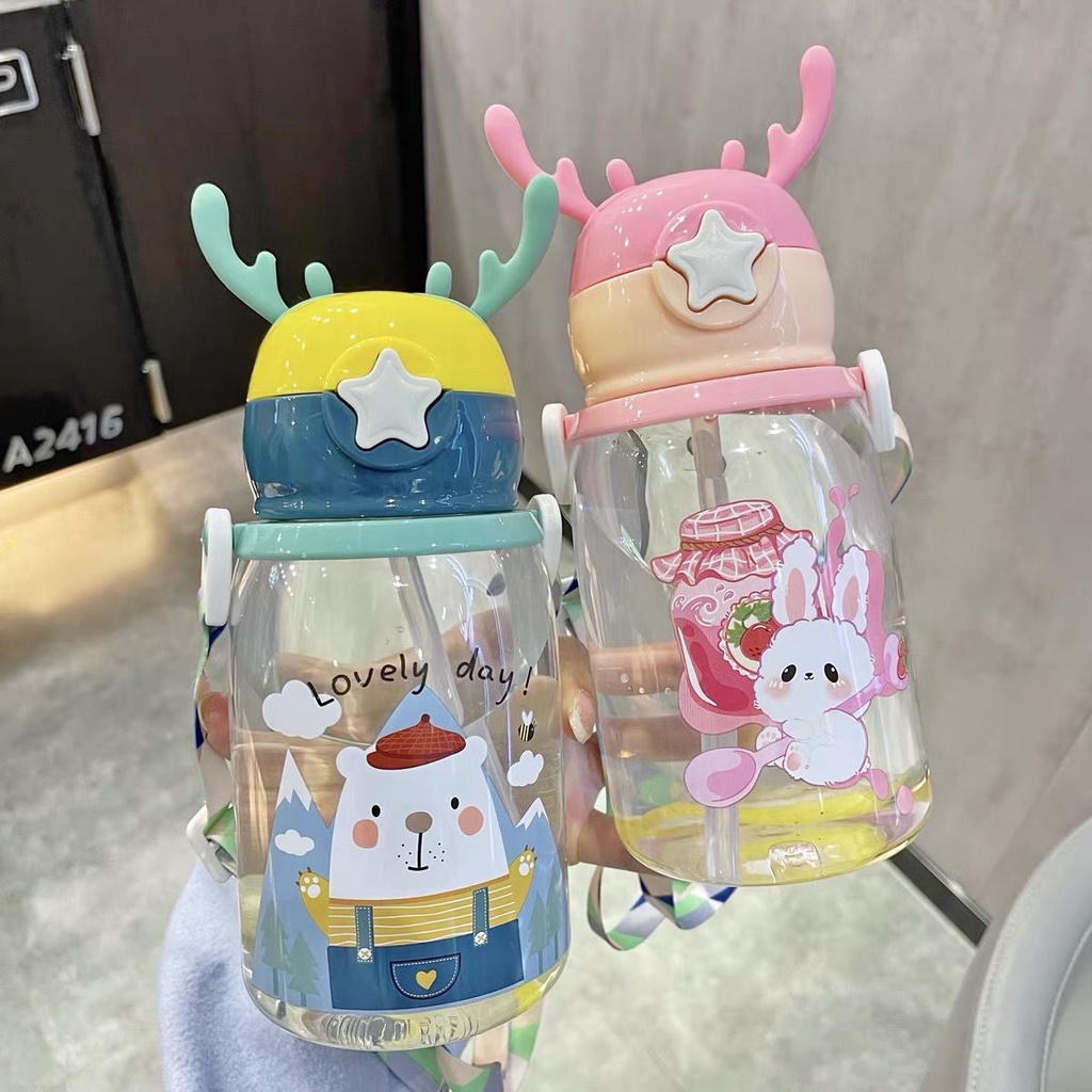 600ml School Kid Drinking Bottle Straw Children Straw Plastic Cartoon