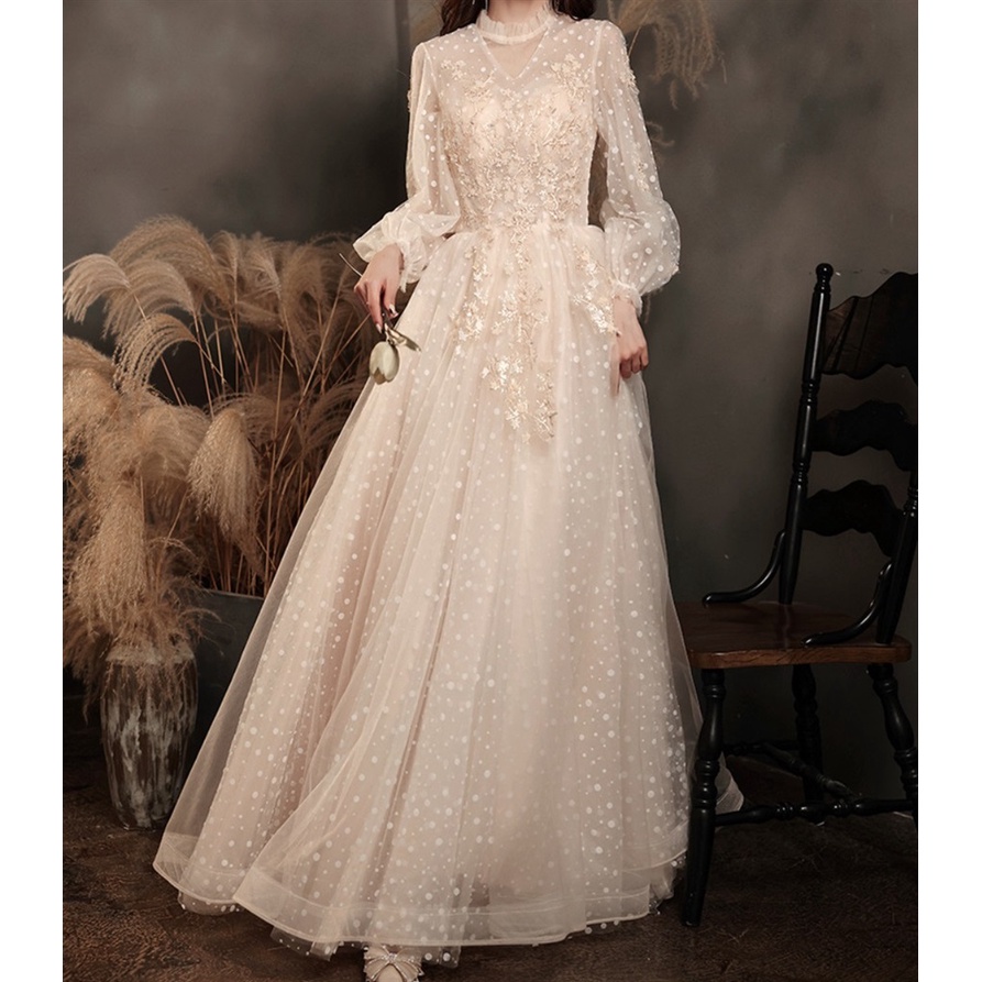 Elegant Champagne Banquet Evening Dress Long sleeved Embroidery