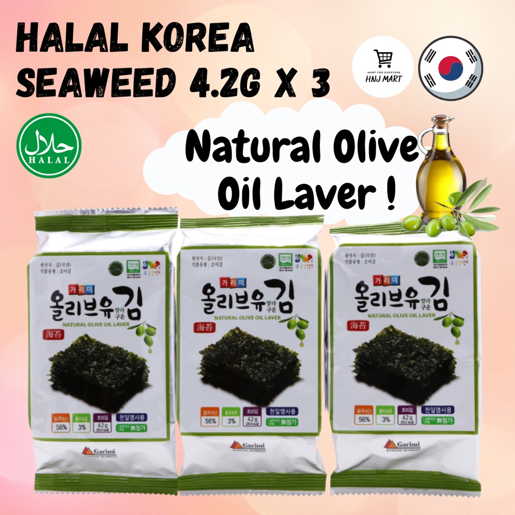 Halal Korea Seaweed 4.2g x 3 Natural Olive Oil Laver Seaweed Halal