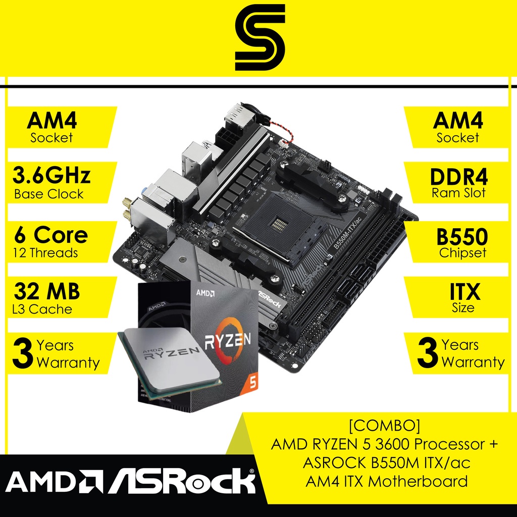 COMBO AMD RYZEN 5 3600 Processor ASROCK B550M ITX ac AM4 ITX Motherboard