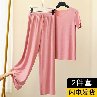 [40-100KG] 2PCS Ice Silk Pajamas Plus Size Short-sleeve Long Pants Sets ...