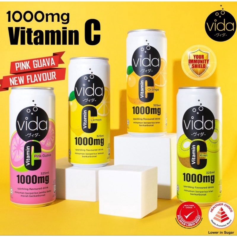 Vida Vitamin C 1000mg Sparkling Drinks Lemon Orange Pink Guava