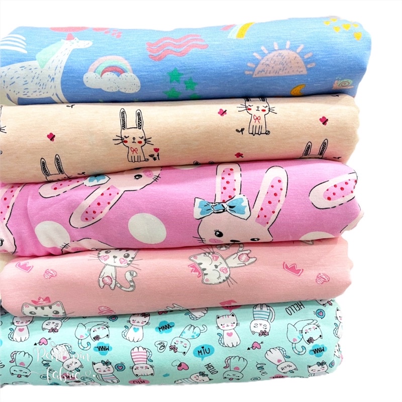 Kain cotton spandex fabric knit jersey bunny rabbit arnab cat kucing ...
