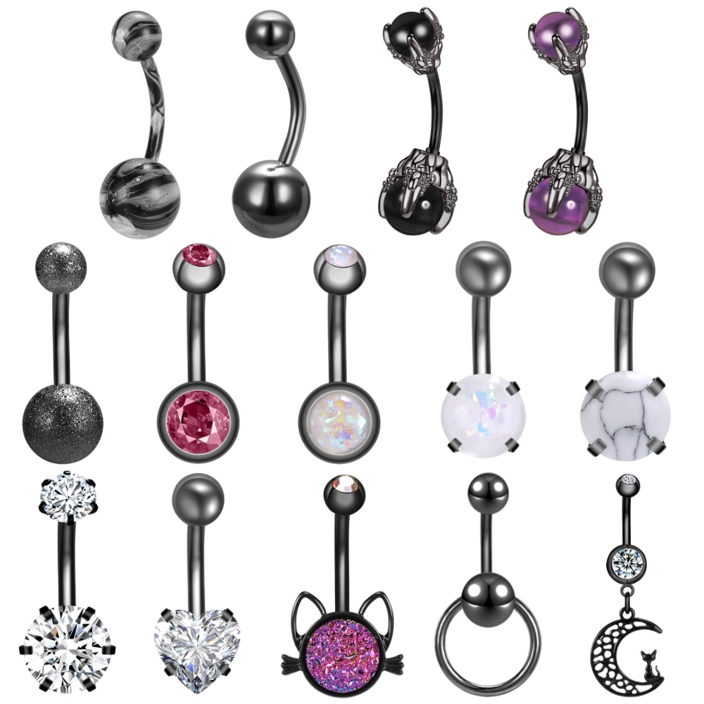 Black Dangle Navel Rings Punk Navel Piercings Opal Crystal Belly Rings ...