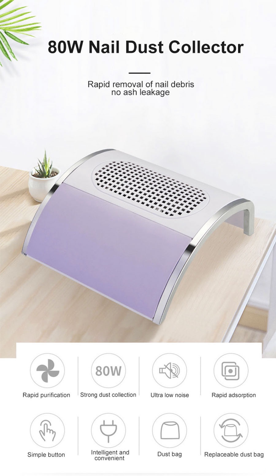 Nail Vacuum Cleaner 80w High Power Dust Extractor For Nail Low Noise ...