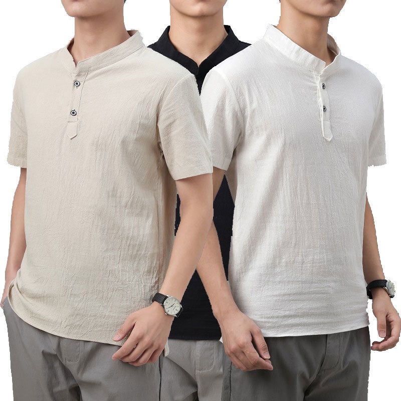 Baju Kemeja Lelaki Lengan Pendek Cotton Linen Stand Collar Shirt Men S