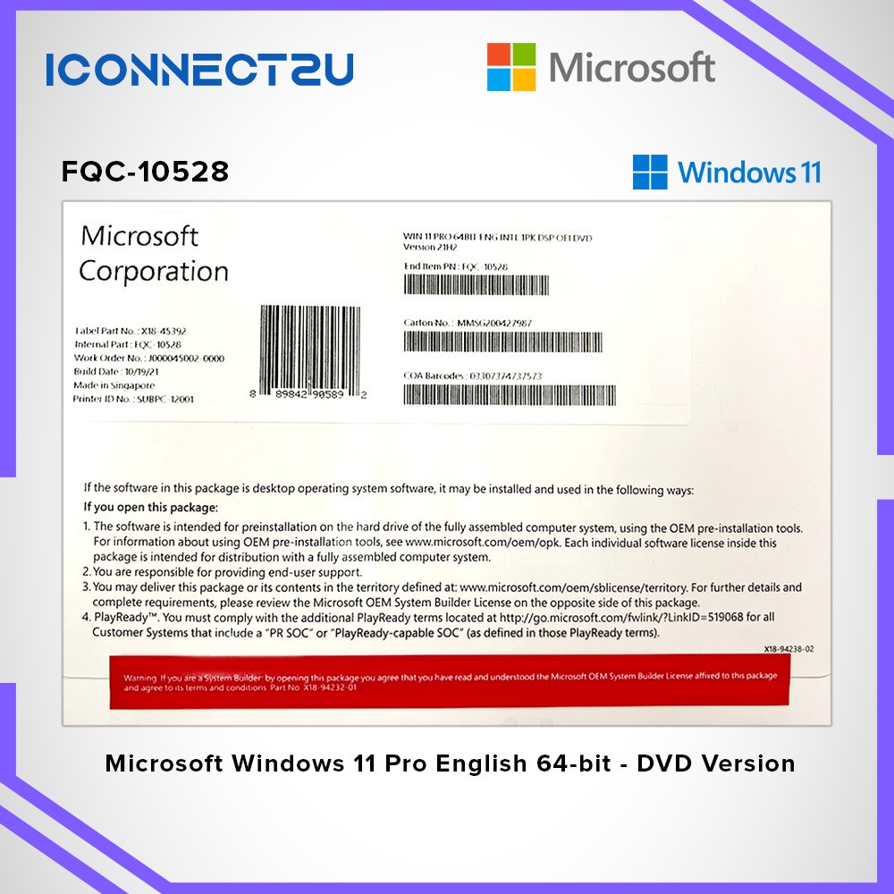 Microsoft Windows 11 Pro English 64 bit DVD Version FQC 10528 