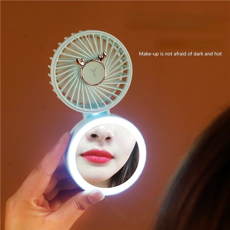 USB charging fan with fill light folding vanity mirror mini portable ...