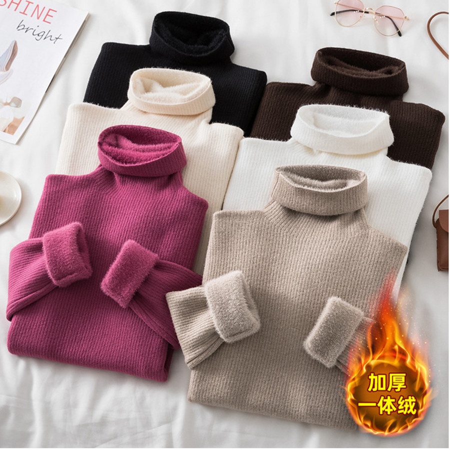 Brushed Thickened Knitted Bottoming Shirt Women One-Piece Fleece Long ...