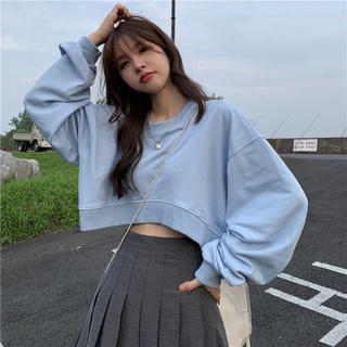 Triple A 2022 New Korean Style Women Crop Top Sweat Shirt Round Neck Sweat  Shirt Blue Black White 3 Colours | Shopee Malaysia