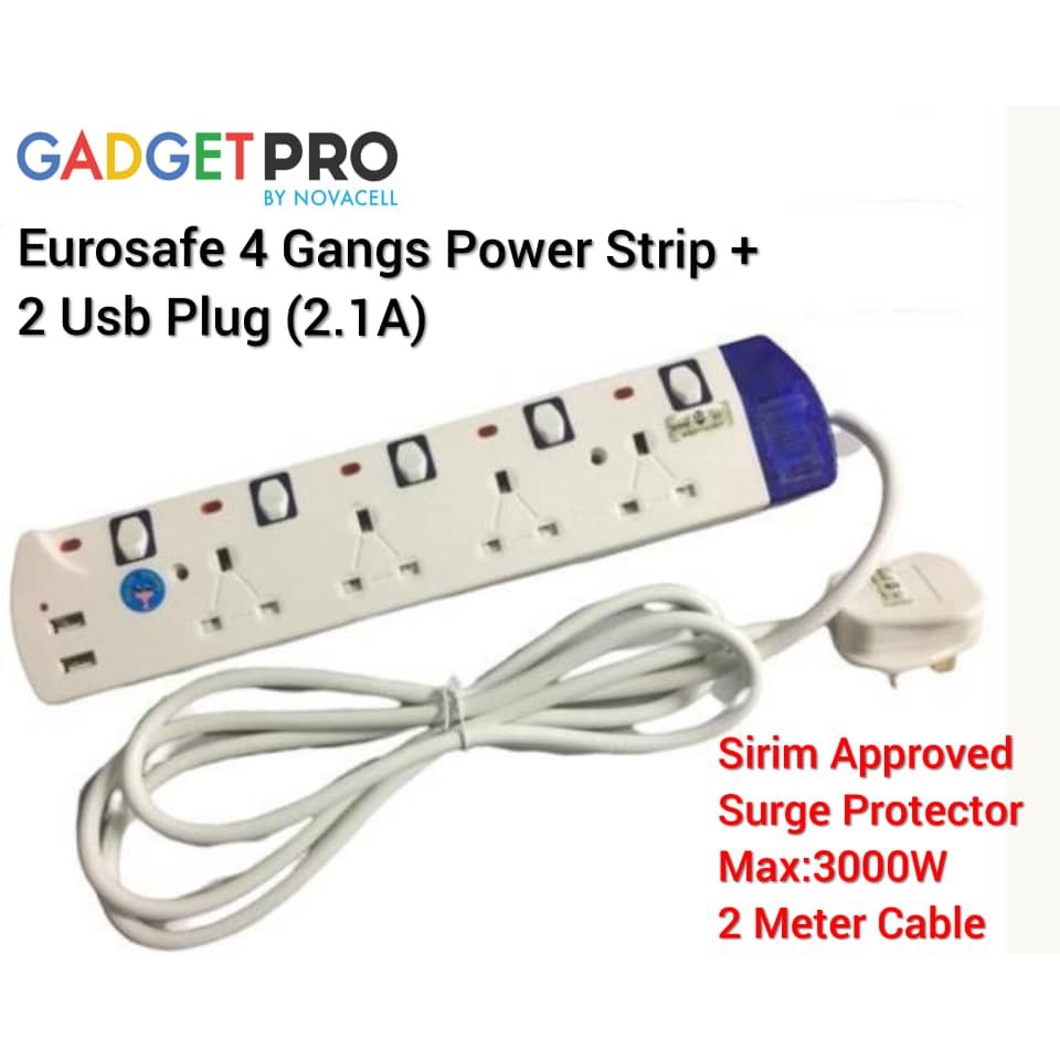 Eurosonic Extension Plug Socket 4 Gang Power Strip + 2 USB Plug Socket  Trailing Cord 2M + Surge Protector Sirim Approved