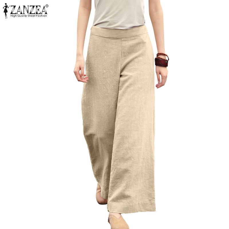 ZANZEA Women Solid Color Elastic Waist Casual Wide Leg Long Pants ...