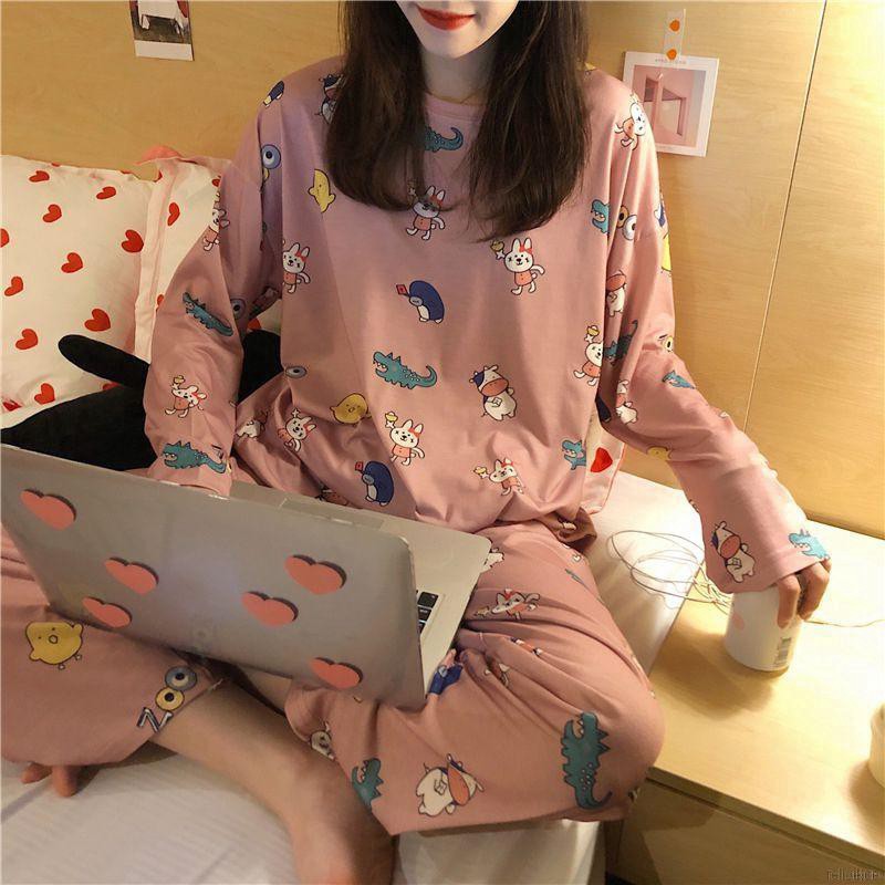 Women Pajamas Set Round Neck Ladies Cute Cartoon Printed Long