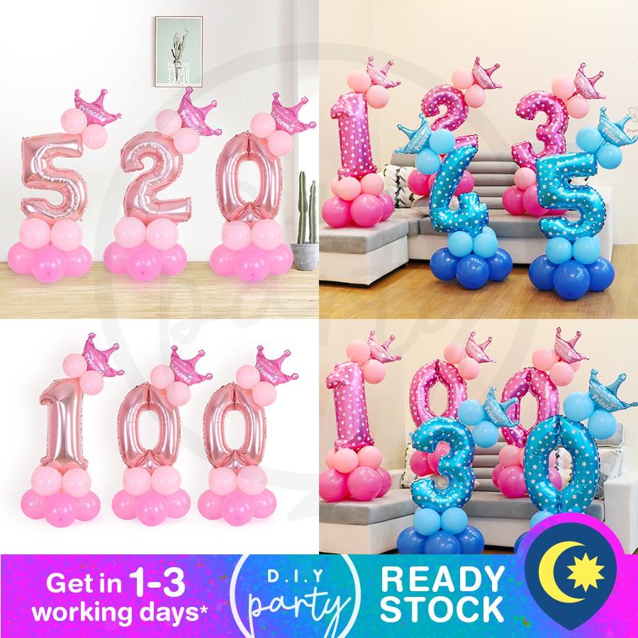 Number Foil Balloon Set decoration stand display Digit Blue Pink Gold ...