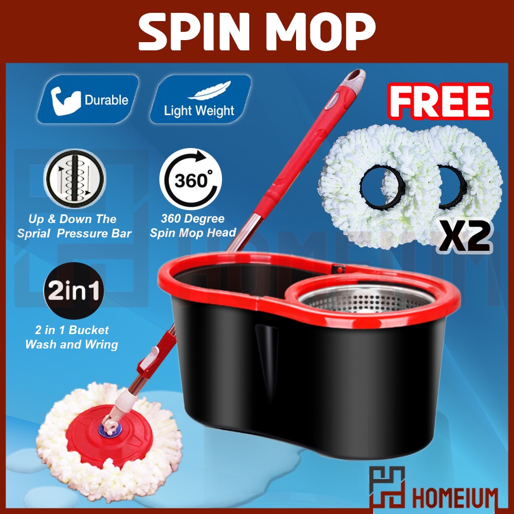 [Ready Stock] Homeium Spin mop S/S Basket + 2 Mop Heads Shopee Malaysia