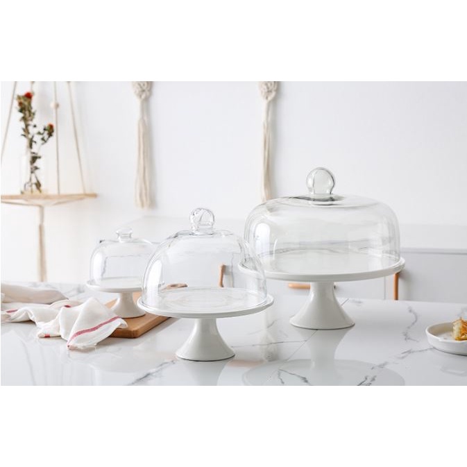 🔥Ready Stock🔥 Ceramic Cake Stand with Glass Cover Tall Birthday Wedding