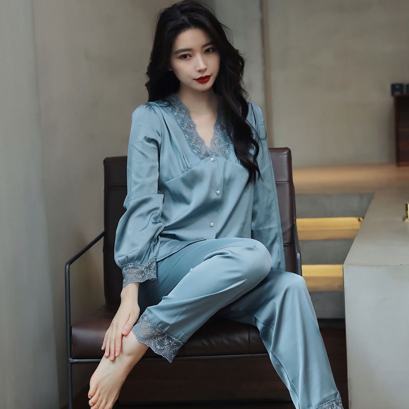 Women Sexy Ice Silk Lace Pyjamas Suit Long Sleeve Satin Pajama Set ...