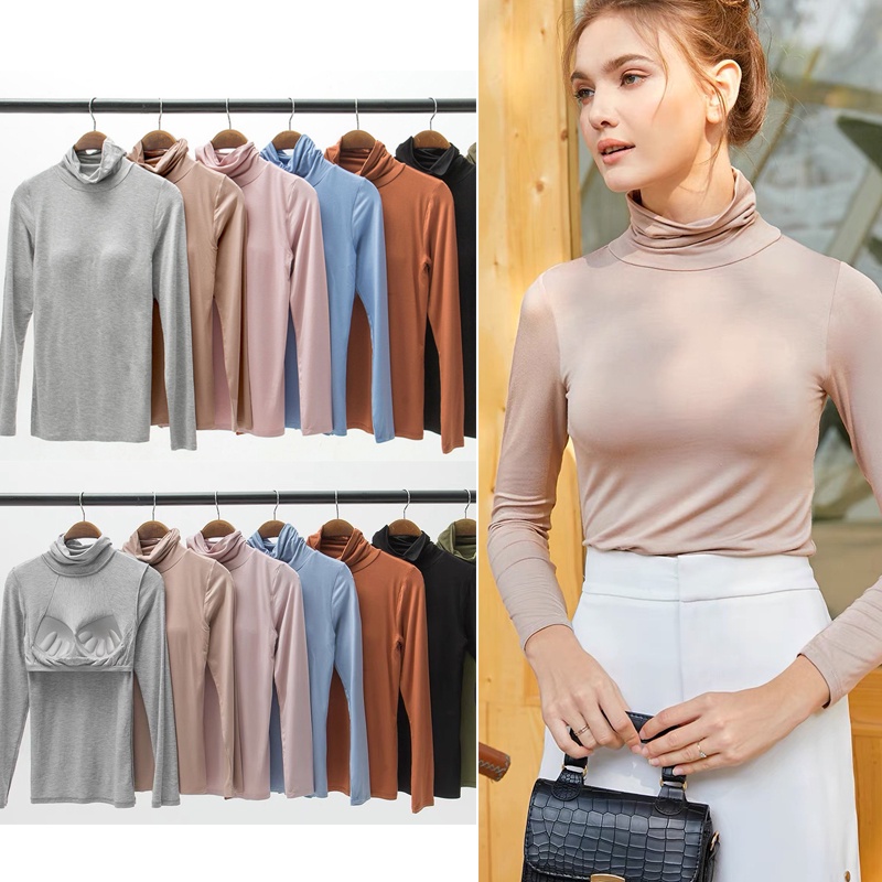 Bra Padded Basic T-shirt Women Modal Long Sleeve Solid Tee Shirt Built ...