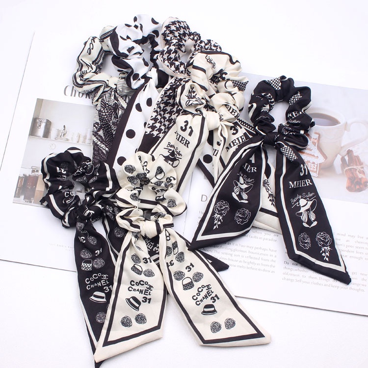 Korean Hair Black and White Satin Ribbon Large Intestine Hair Ring ...
