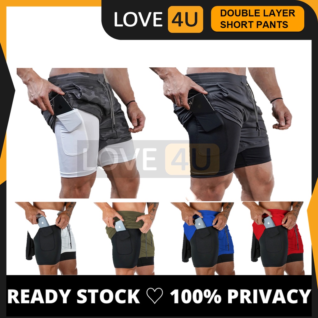 LOVE4U Men Double layer Running Shorts Quick Dry Gym Fitness Jogging ...