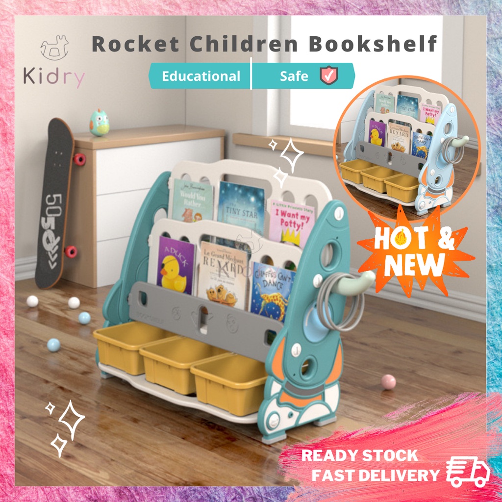 Cute Children Bookshelf Rack 3 Tier Storage Box Kids Crocodile Rocket ...