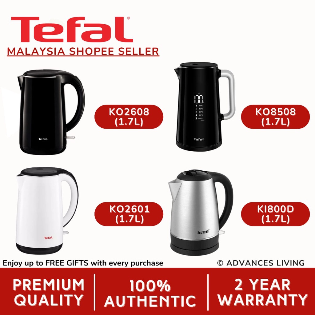 Tefal Safe Tea Kettle Black 1.7L KO2608 (Black)/ KO2601 (White)/ KO800D