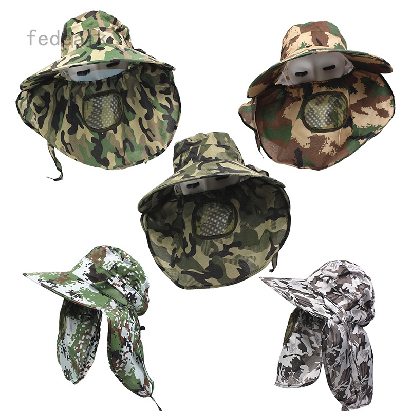 FEDEALK Men Wide Brim Sun Hats Outdoor Fishing Hat UV Protection Camouflage  Hat Mesh Face Cover and Neck Flap Foldable Baseball Cap for Hiking Camping
