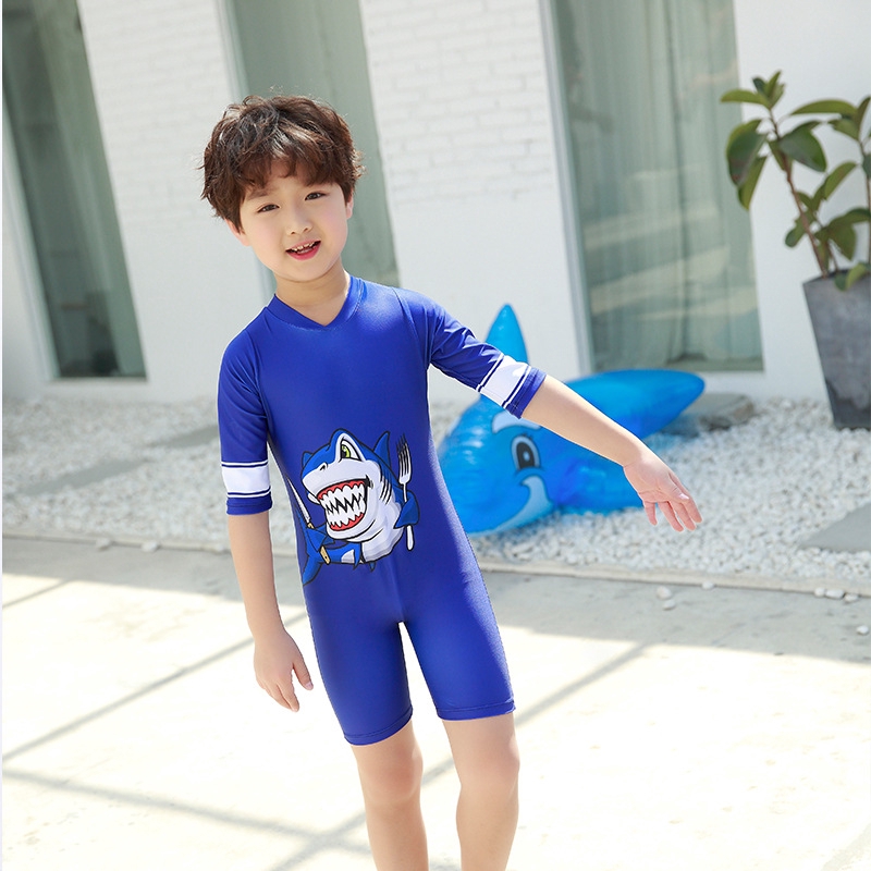 One-Piece Boys Kids Swimming Suit Blue Short Sleeve Swimwear Shark Beach  Wear