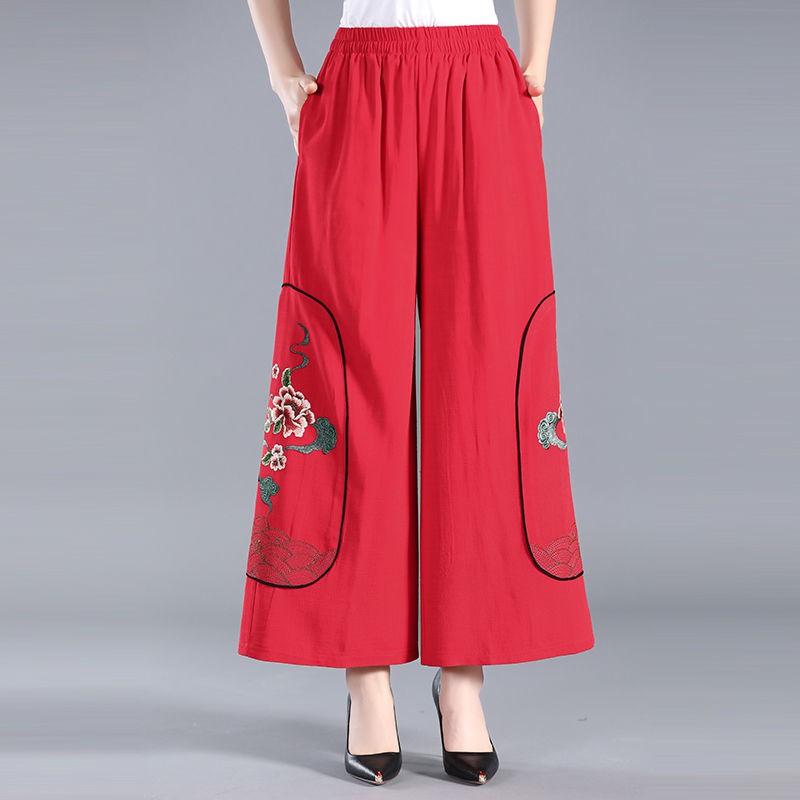Womens Linen Pants, Vintage Floral Embroidery Cotton Linen