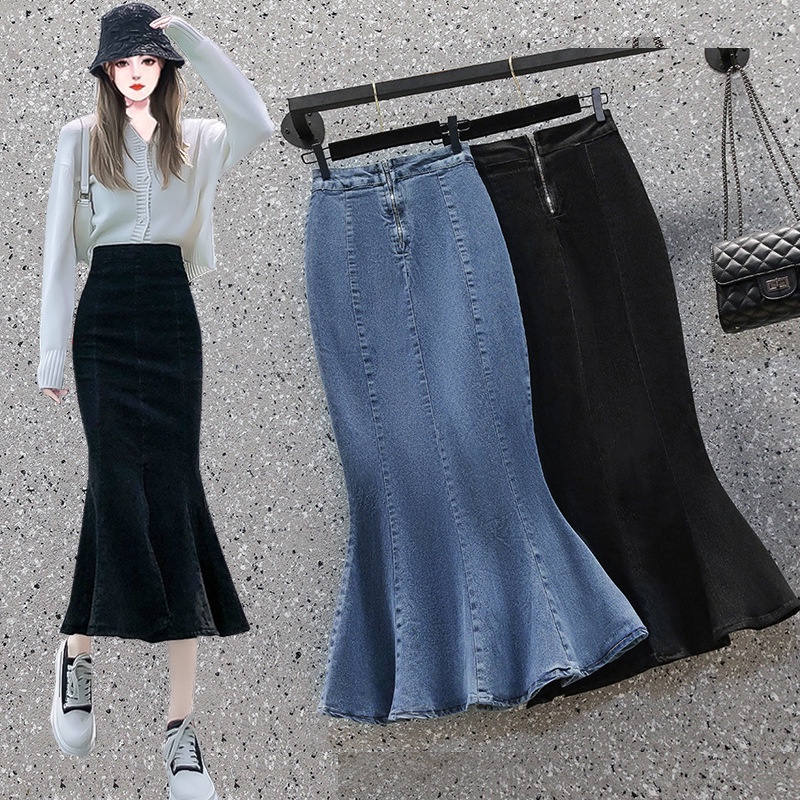 Fashion Women's Mermaid jean skirt stretchable solid color slim korean ...