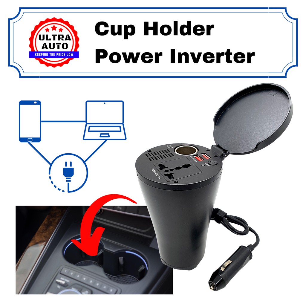 150W Cup Holder Car Power Inverter AC Outlets Output 4.8A Dual USB ...