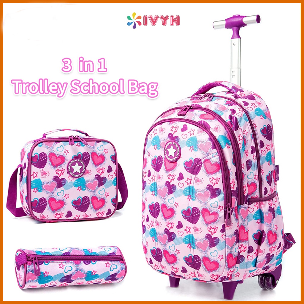 IvyH 3pcs/Set 16 inch Trolley Schoolbag with 4 Wheels Large Capacity ...