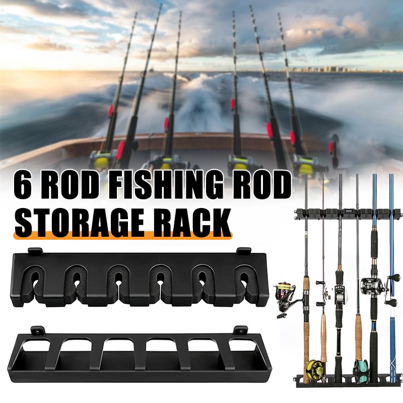 Horizontal 6 Rods Storage Rack Fishing Pole Holder Wall Mount Stand