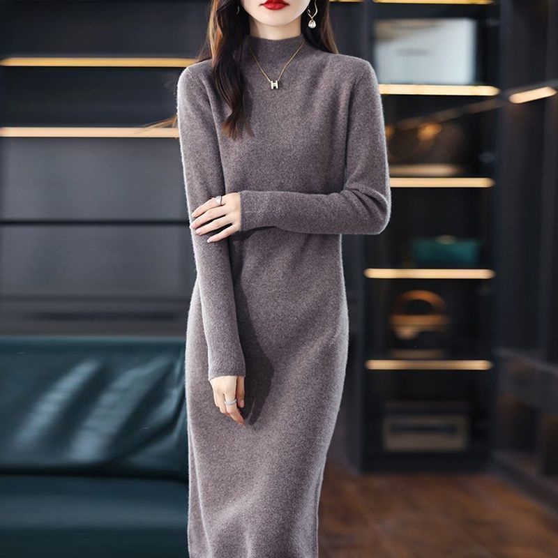 Long sleeve knitted dress Women's half high neck straight tube warm long knee length A-line ...