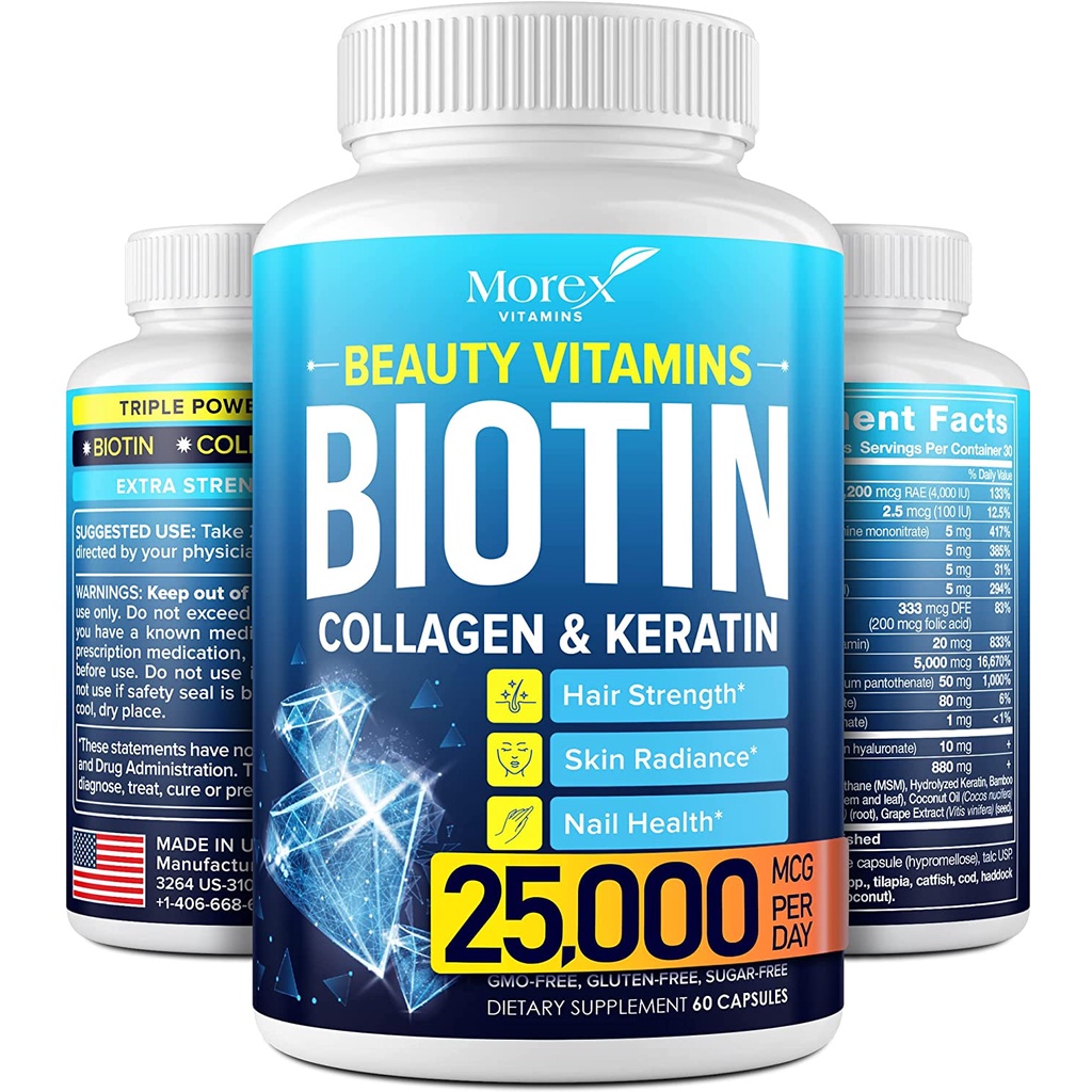 Hair, Skin & Nails Vitamins With Biotin & Collagen - 120 Capsules For Growth Support (Exp 02/2027)