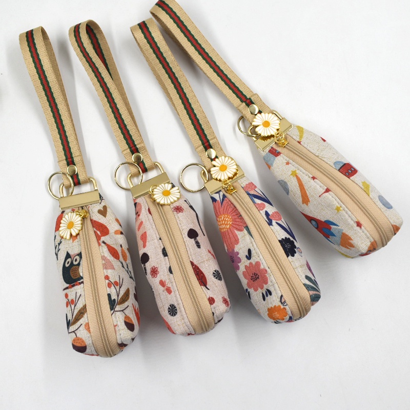 Creative Printed Fabric Key Case Simple Hand Bag Girls Cute Zipper Coin ...