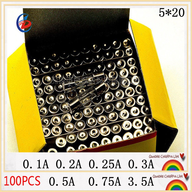 100PCS Glass Fuse 5'20 0.1A 0.2A 0.25A 0.3A 0.5A 0.75A 3.5A Current ...