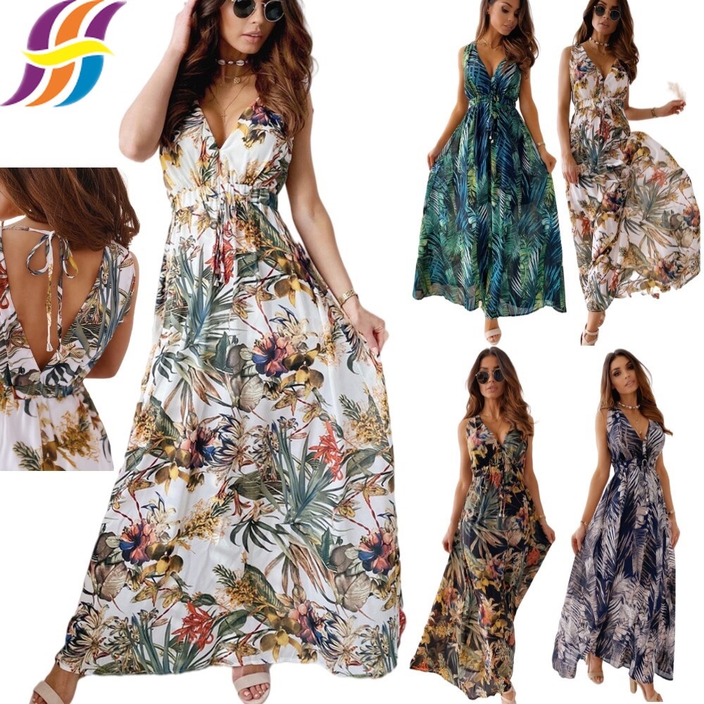 Women's Sexy Deep V Neck Backless Floral Print Split Maxi Party Dress ...