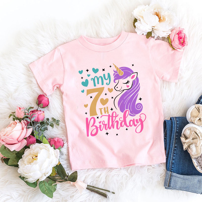 Happy Birthday 7-10 Number Girls Birthday Unicorn T Shirt Baby Cartoon  Funny T-shirt Kids Birthday Present Clothes