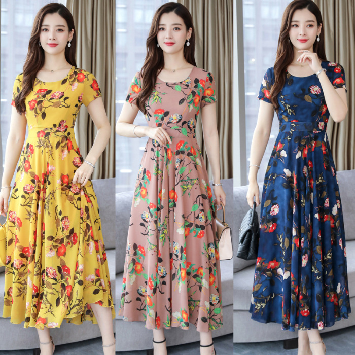 Women's Maxi Dress Summer Floral Print Flower Round Neck Short Sleeve ...