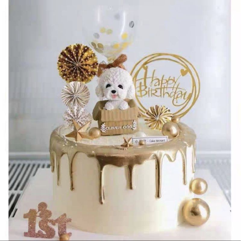 Birthday Cake Topper White Dog Poodle Figurine Cake Cute Miniature